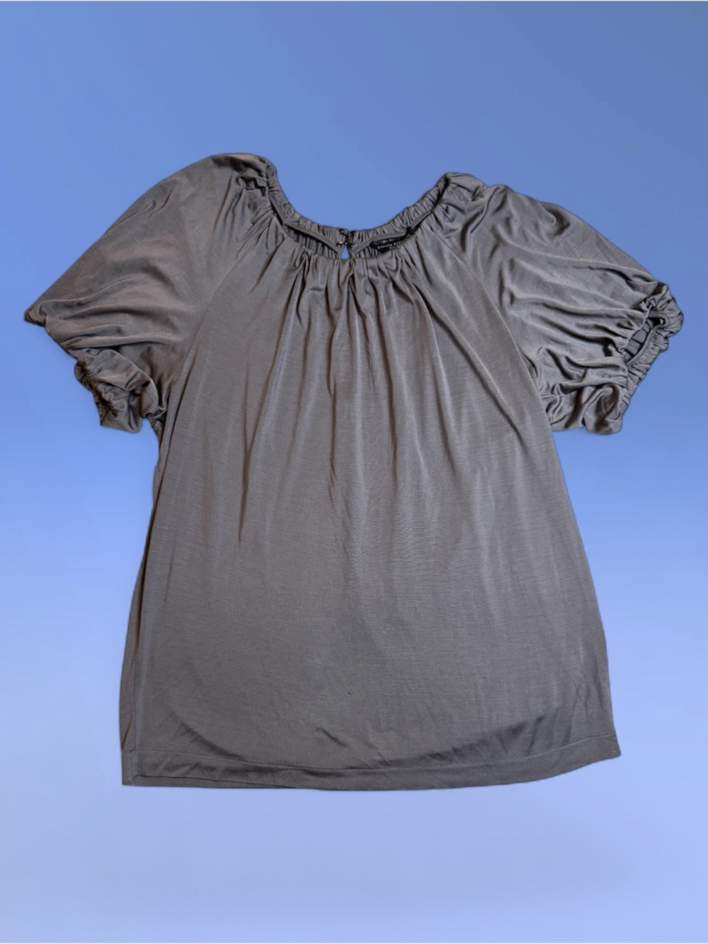 100% Silk Soft Banana Republic Grey Gathered Neck Puff Sleeve Blouse sz L